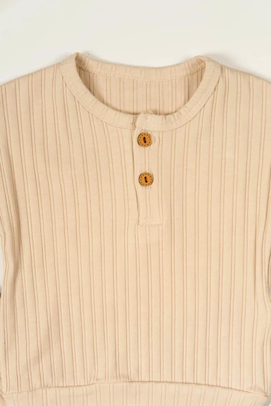 Düğme Detaylı 2'li Erkek Bebek Ribana Eşofman Takım Bej - Resim 3