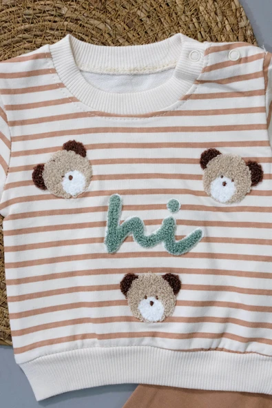 Sevimli Ayıcık ve Hi Desenli Çizgili Sweatshirt ve Mavi Alt Eşofman Takımı Kahve - 3