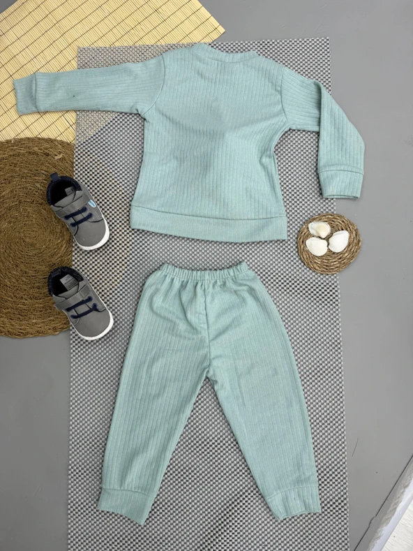 Kız Bebek Basic Eşofman Takımı Bisiklet Yaka Ribanalı Paça Uzun Kol Açık Yeşil - Resim 2