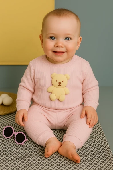 Kız Bebek Basic Eşofman Takımı Bisiklet Yaka Ribanalı Paça Uzun Kol Toz Pembe ürün görseli