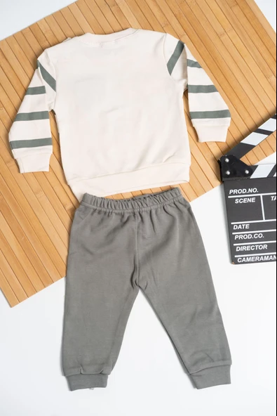 Ayı Armalı Çizgili Sweatshirt ve Eşofman Altı 2'li Erkek Takımı Haki - 2