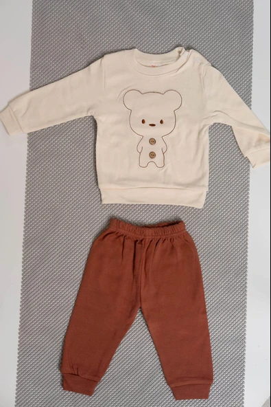 Ayıcık Nakışlı Uzun Kollu 2'li Erkek Eşofman Takımı Kahverengi ürün görseli