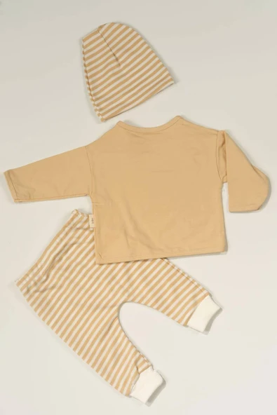 Çizgili Ayıcık Desenli Şapkalı 3'lü Erkek Bebek Takımı Bej - Resim 2