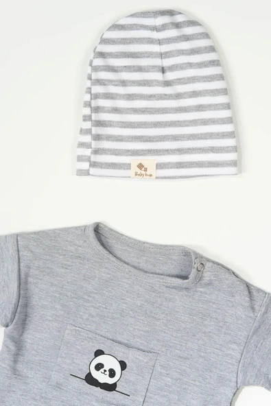 Çizgili Panda Desenli Şapkalı 3'lü Erkek Bebek Takımı Gri - 4