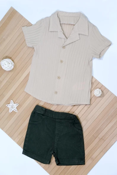 Pamela Kabartma Çizgili Gömlekli Yazlık Erkek 2'li Takım Bej - Resim 2