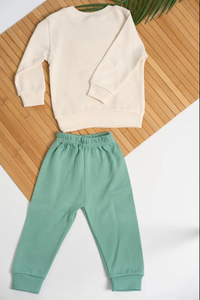 Ayıcık Nakışlı Uzun Kollu 2'li Erkek Eşofman Takımı Mint - Resim 2