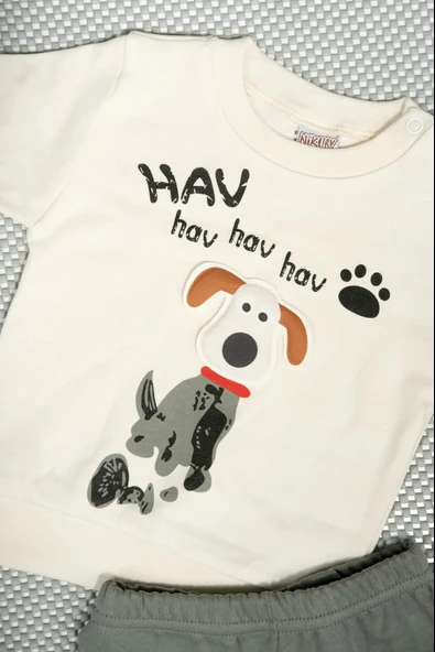 Hav Hav Baskılı Uzun Kollu Sweatshirt ve Bej Alt Eşofman Takımı Haki - 3