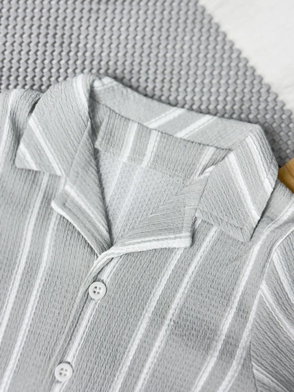 Lesson Şanel Yakalı Çizgili Erkek Yazlık 2'li Takım Gri - Resim 3