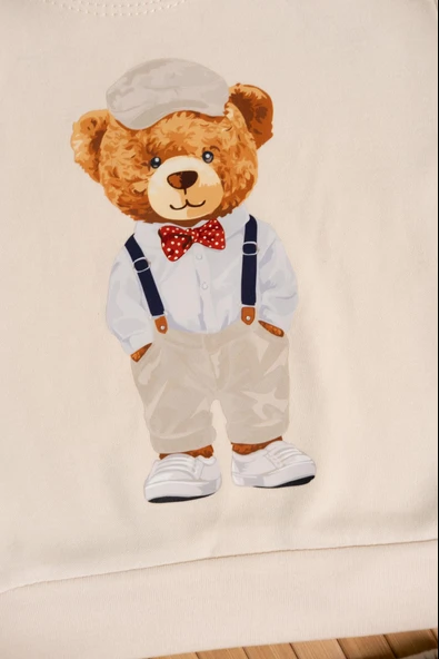 Eller Cepte Ayıcık Baskılı Erkek Eşofman Takımı Bej - Resim 5