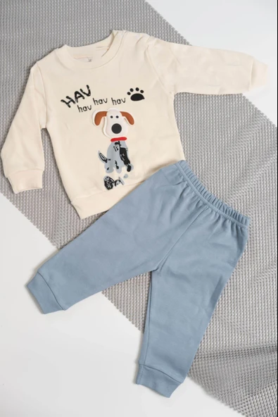 Hav Hav Baskılı Uzun Kollu Sweatshirt ve Bej Alt Eşofman Takımı Mavi ürün görseli