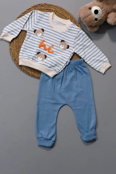 Sevimli Ayıcık ve Hi Desenli Çizgili Sweatshirt ve Mavi Alt Eşofman Takımı Turkuaz - 1