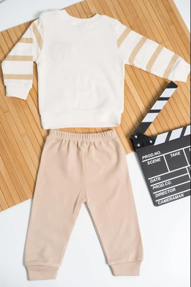 Ayı Armalı Çizgili Sweatshirt ve Eşofman Altı 2'li Erkek Takımı Bej - Resim 2