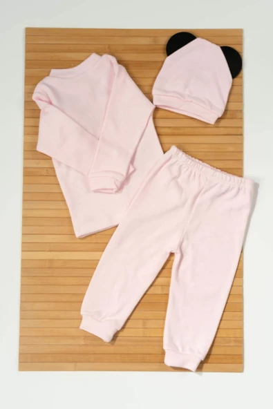 Peluş Ayıcık Aksesuarı ve Kulaklı Ayıcık Şapkasıyla 3'lü Erkek Bebek Takımı Pembe - 2