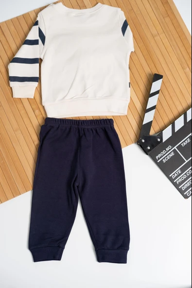 Ayı Armalı Çizgili Sweatshirt ve Eşofman Altı 2'li Erkek Takımı Lacivert - Resim 2