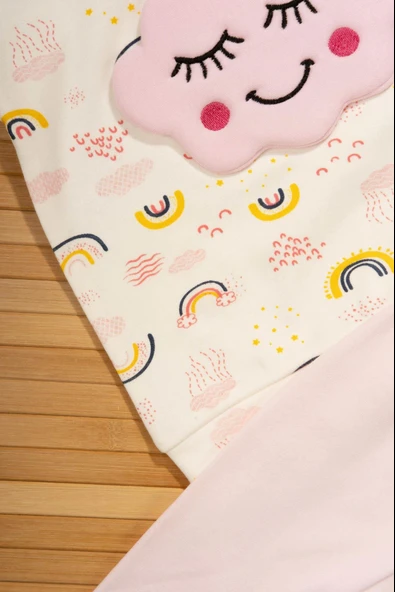 Pembe Bulut Kabartmalı Gökyüzü Desenli 2'li Bebek Takımı  Pembe - Resim 5