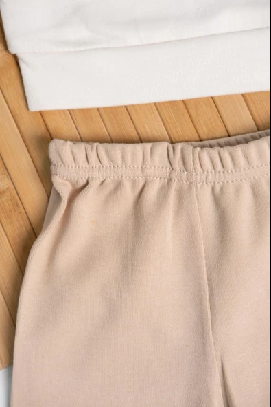 Ayı Armalı Çizgili Sweatshirt ve Eşofman Altı 2'li Erkek Takımı Bej - Resim 4