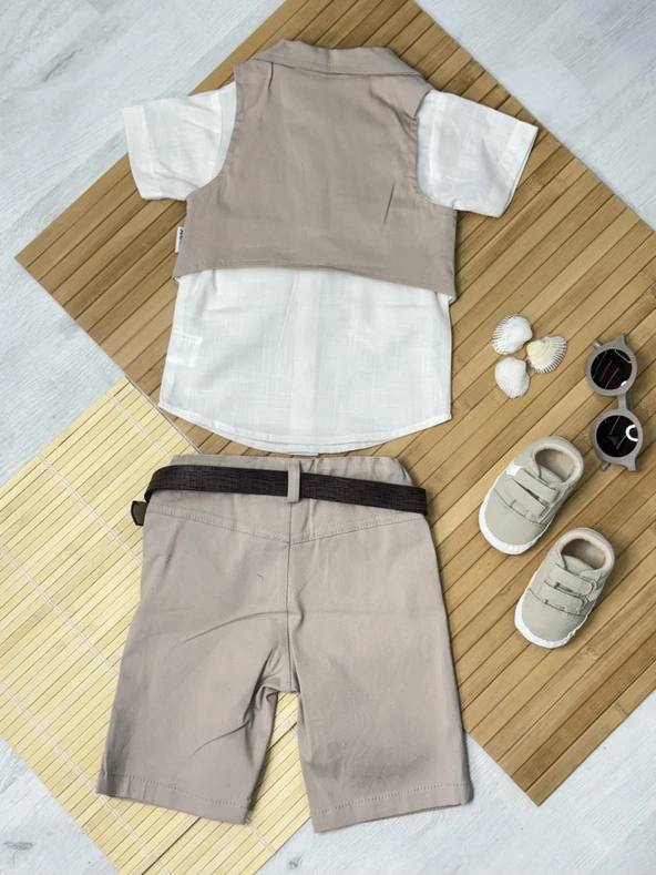 Kıl Biyeli Gömlekli Gabardin 3'lü Erkek Takım Kahverengi - Resim 2