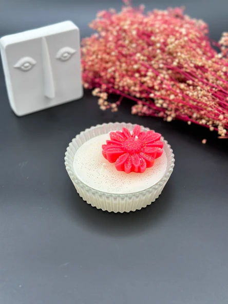 Byr Kırmızı Papatyalı Cam Kase Dekoratif Mum 3D
