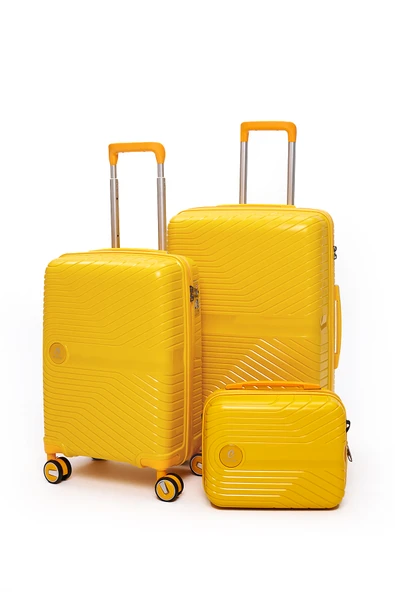 Elatae Exclusive Pro Polipropilen Kırılmaz 3'lü Valiz Seti Orta - Kabin Boy ve Makyaj Çantası Sarı 5239 ürün görseli