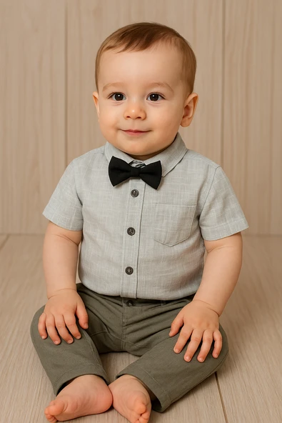 Papyonlu Gömlek ve Pantolonlu Erkek Takımı 2'li Kombin Gri