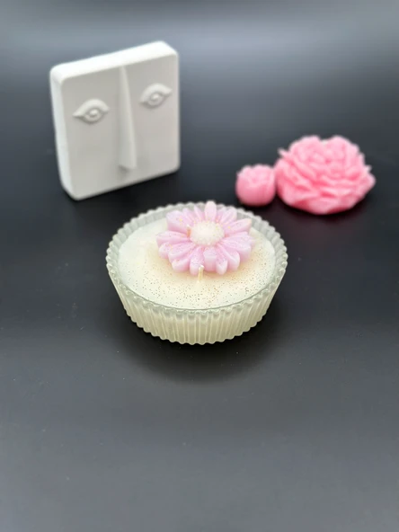 Byr Pembe Papatyalı Cam Kase Dekoratif Mum 3D