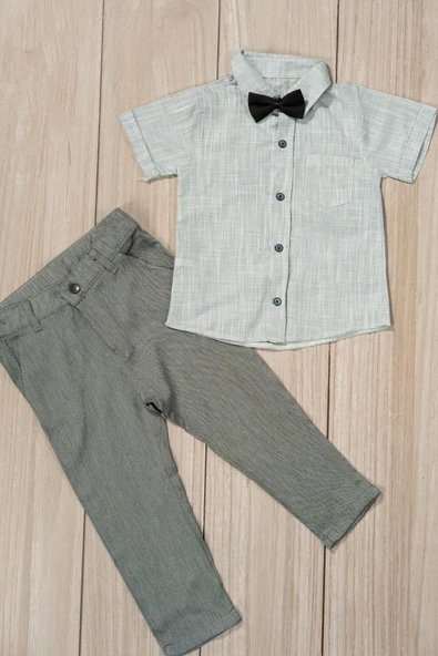 Papyonlu Gömlek ve Pantolonlu Erkek Takımı 2'li Kombin Gri - 2