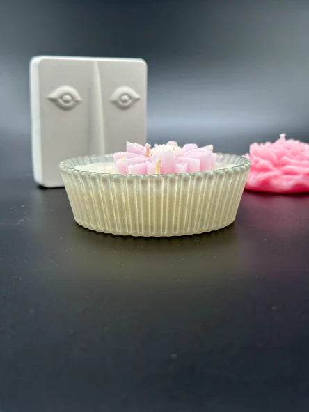 Byr Pembe Papatyalı Cam Kase Dekoratif Mum 3D - 3