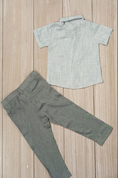 Papyonlu Gömlek ve Pantolonlu Erkek Takımı 2'li Kombin Gri - 3