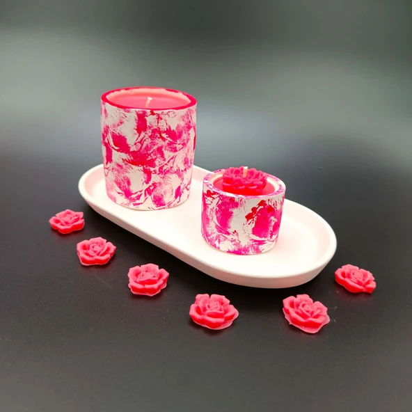 Byr Dekoratif Pembe Beyaz Desenli 2'li Mum + Tepsi 3D - 3