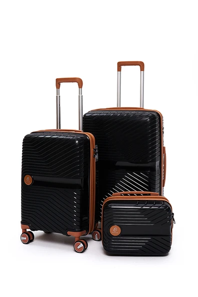 Elatae Exclusive Pro Polipropilen Kırılmaz 3'lü Valiz Seti Orta - Kabin Boy ve Makyaj Çantası Siyah - Camel 5239 ürün görseli