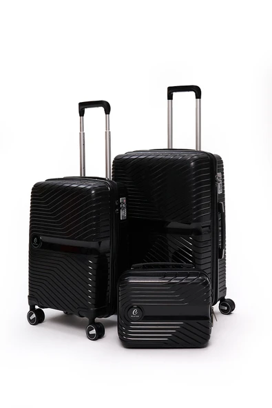 Elatae Exclusive Pro Polipropilen Kırılmaz 3'lü Valiz Seti Orta - Kabin Boy ve Makyaj Çantası Siyah 5239 ürün görseli