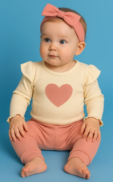 Kalpli Çıtçıtlı 3'lü Kız Bebek Takımı Fırfır Detaylı Krem & Pembe