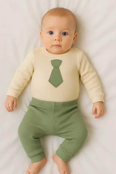 Kravat Desenli Ribana Badili Çıtçıtlı 2'li Erkek Bebek Takımı Krem & Yeşil