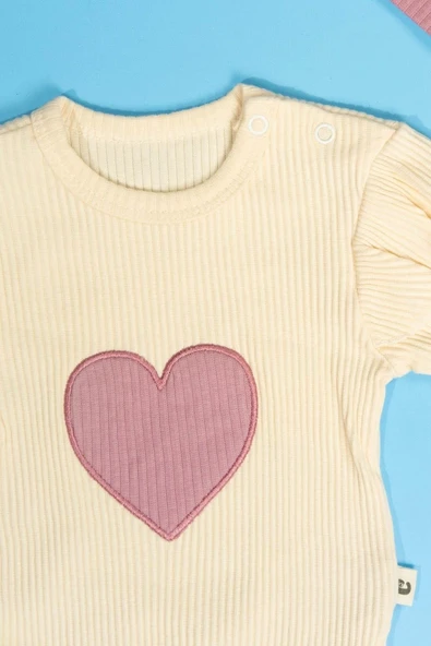 Kalpli Çıtçıtlı  3'lü Kız Bebek Takımı Fırfır Detaylı Krem & Mor - 8