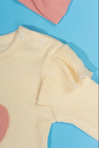 Kalpli Çıtçıtlı 3'lü Kız Bebek Takımı Fırfır Detaylı Krem & Pembe - 7