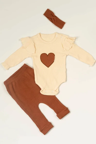 Kalpli Çıtçıtlı 3'lü Kız Bebek Takımı Fırfır Detaylı Krem & kahve