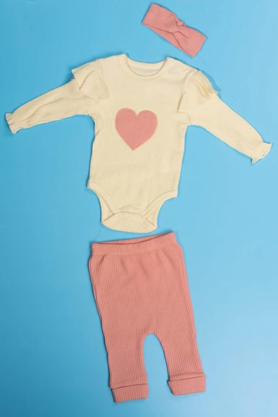 Kalpli Çıtçıtlı 3'lü Kız Bebek Takımı Fırfır Detaylı Krem & Pembe - 2