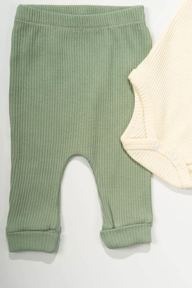 Kravat Desenli Ribana Badili Çıtçıtlı 2'li Erkek Bebek Takımı Krem & Yeşil - 4