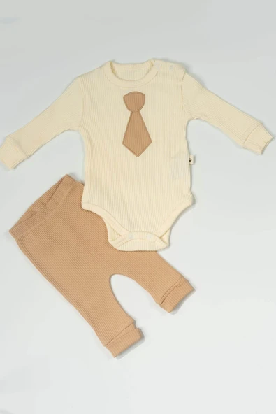 Kravat Desenli Ribana Badili Çıtçıtlı 2'li Erkek Bebek Takımı Krem & Kahve