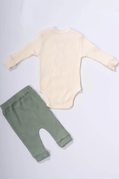 Kravat Desenli Ribana Badili Çıtçıtlı 2'li Erkek Bebek Takımı Krem & Yeşil - 3