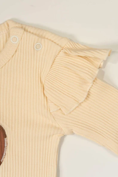 Kalpli Çıtçıtlı 3'lü Kız Bebek Takımı Fırfır Detaylı Krem & kahve - 4