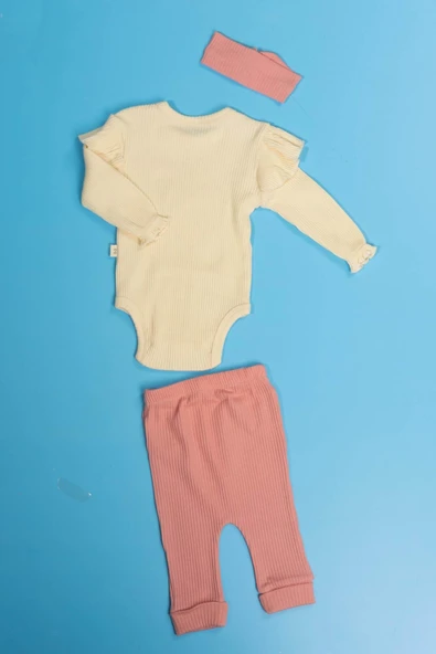 Kalpli Çıtçıtlı 3'lü Kız Bebek Takımı Fırfır Detaylı Krem & Pembe - 3