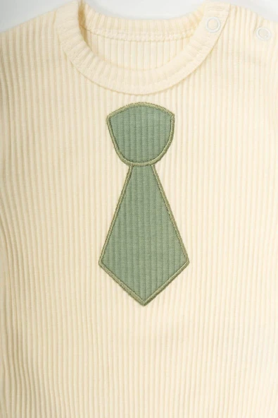 Kravat Desenli Ribana Badili Çıtçıtlı 2'li Erkek Bebek Takımı Krem & Yeşil - 5