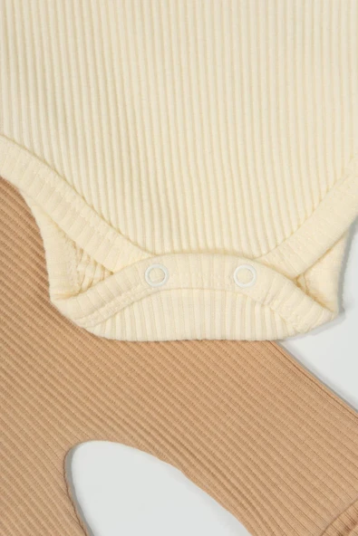 Kravat Desenli Ribana Badili Çıtçıtlı 2'li Erkek Bebek Takımı Krem & Kahve - 5