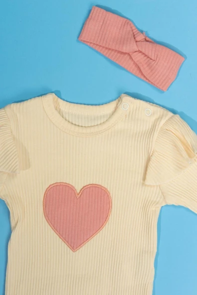 Kalpli Çıtçıtlı 3'lü Kız Bebek Takımı Fırfır Detaylı Krem & Pembe - 4