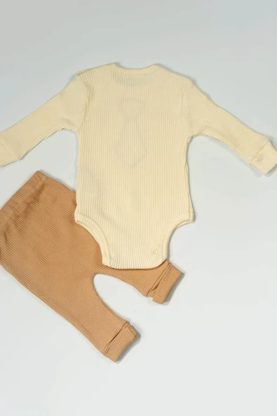 Kravat Desenli Ribana Badili Çıtçıtlı 2'li Erkek Bebek Takımı Krem & Kahve - 3