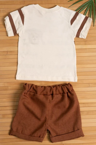 Kısa Kollu Çizgili Ayıcıklı Şortlu Takım Kahverengi - Resim 2