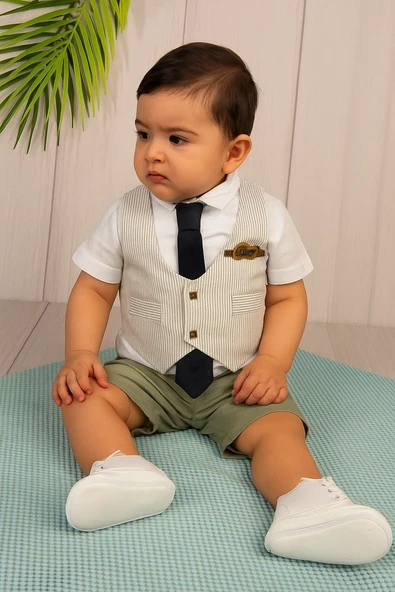 Çizgli Yelekli Papyonlu Erkek Çocuk Takımı Beyaz ürün görseli 1