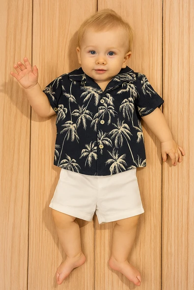 Tropik Desenli Kısa Kollu Erkek Bebek Takımı Yazlık Gömlek & Şort 2'li Takım Lacivert
