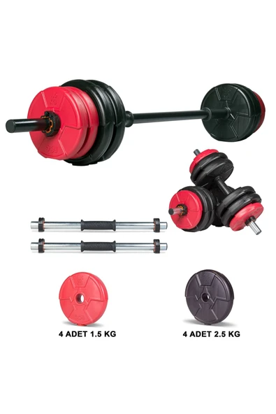 Spor 18 Kg Kırmızı Siyah Halter Seti Ve Dambıl Seti